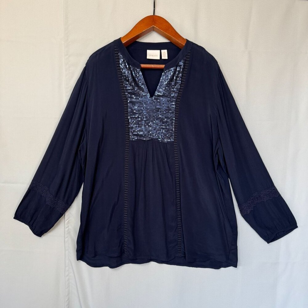 Chico's Navy Blue Sequin Front Yolk Long Sleeve Lace Trim Tunic Blouse Size Xxl